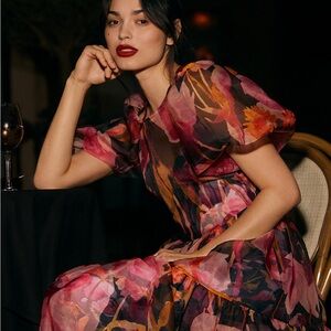 By Anthropologie Puff-Sleeve Organza Midi Dress